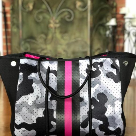 Handbags - COPY - NEOPRENE GRAY CAMO W PINK NEON STRIPE TOTE